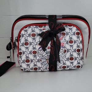 NWT Two Piece Ed Hardy White/Red Skull & Rose Cosmetic Pouches with Black Bow